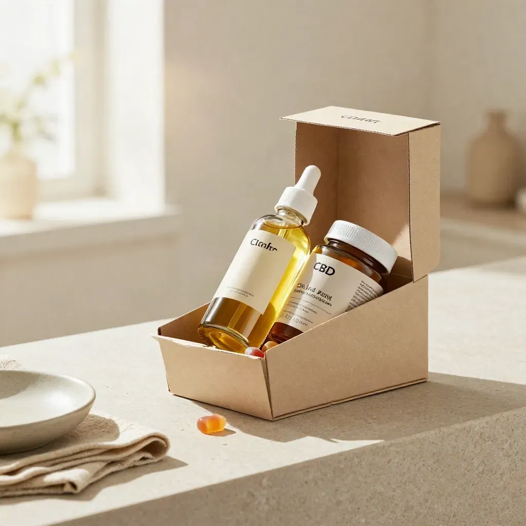 Kraft CBD bundle box with oil, gummies, and capsules on a stone counter with linen and ceramic dish.