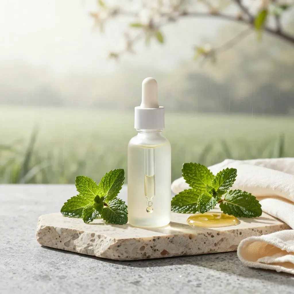 CBD tincture bottle with dropper, oil dish, peppermint sprigs and stone tray in soft studio light.