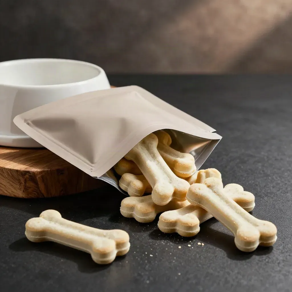 Unbranded pet chews pouch spilling bone treats beside a ceramic dog bowl on raw wood