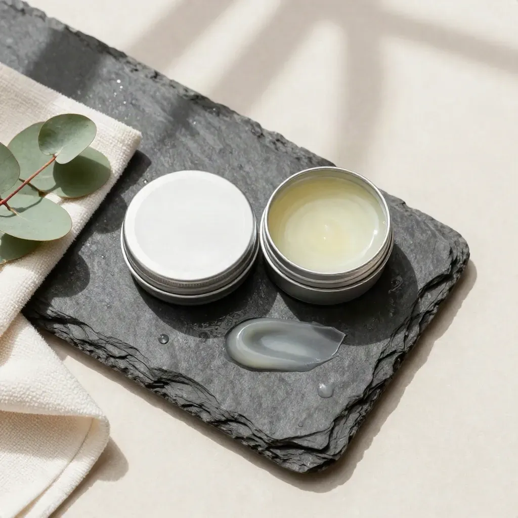 Top-down balm tin on wet slate with eucalyptus and towel, cool premium wellness still life.