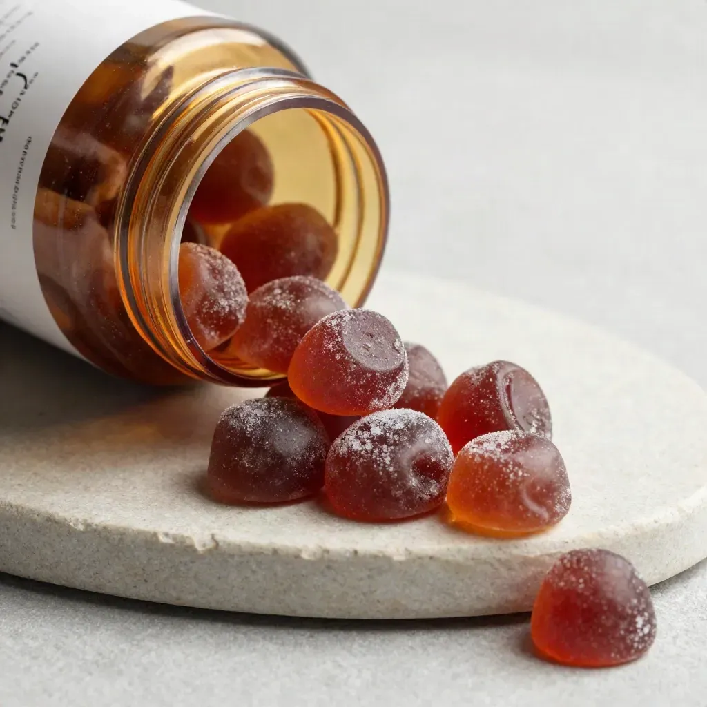 Top-down macro of a tipped gummies jar spilling berry gummies into a cream dish on ash-grey stone.