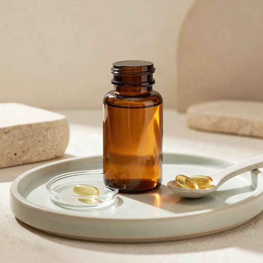 Amber CBD capsule bottle with dish, stone spoon, and capsules on a soft sage tray.