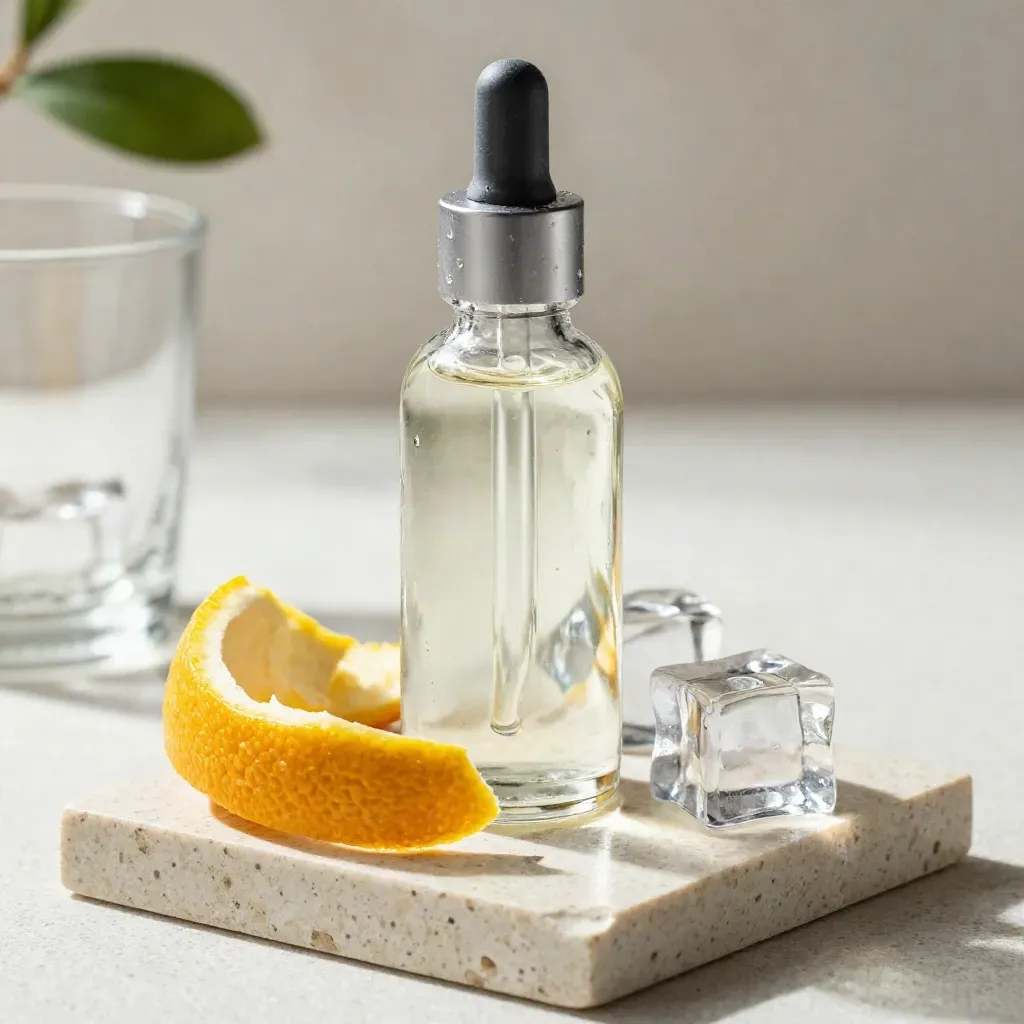 Clear CBD drops bottle beside a water glass with citrus peel, ice and a swirling drop on travertine.