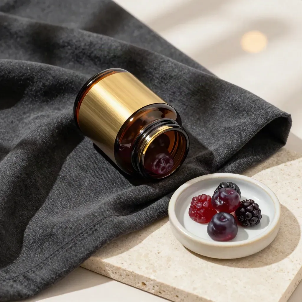 Amber gummy jar in charcoal fabric beside a ceramic dish and scattered berry chews, overhead.