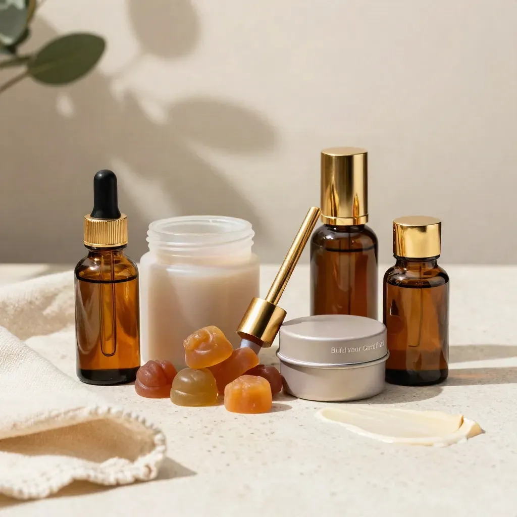 CBD tincture, gummies, balm and capsules clustered on travertine with gold accents.