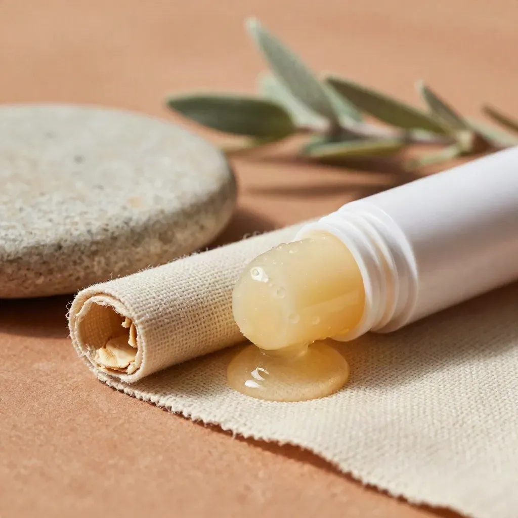 CBD roll-on stick beside linen, pebble tray and herbal stems in warm terracotta light