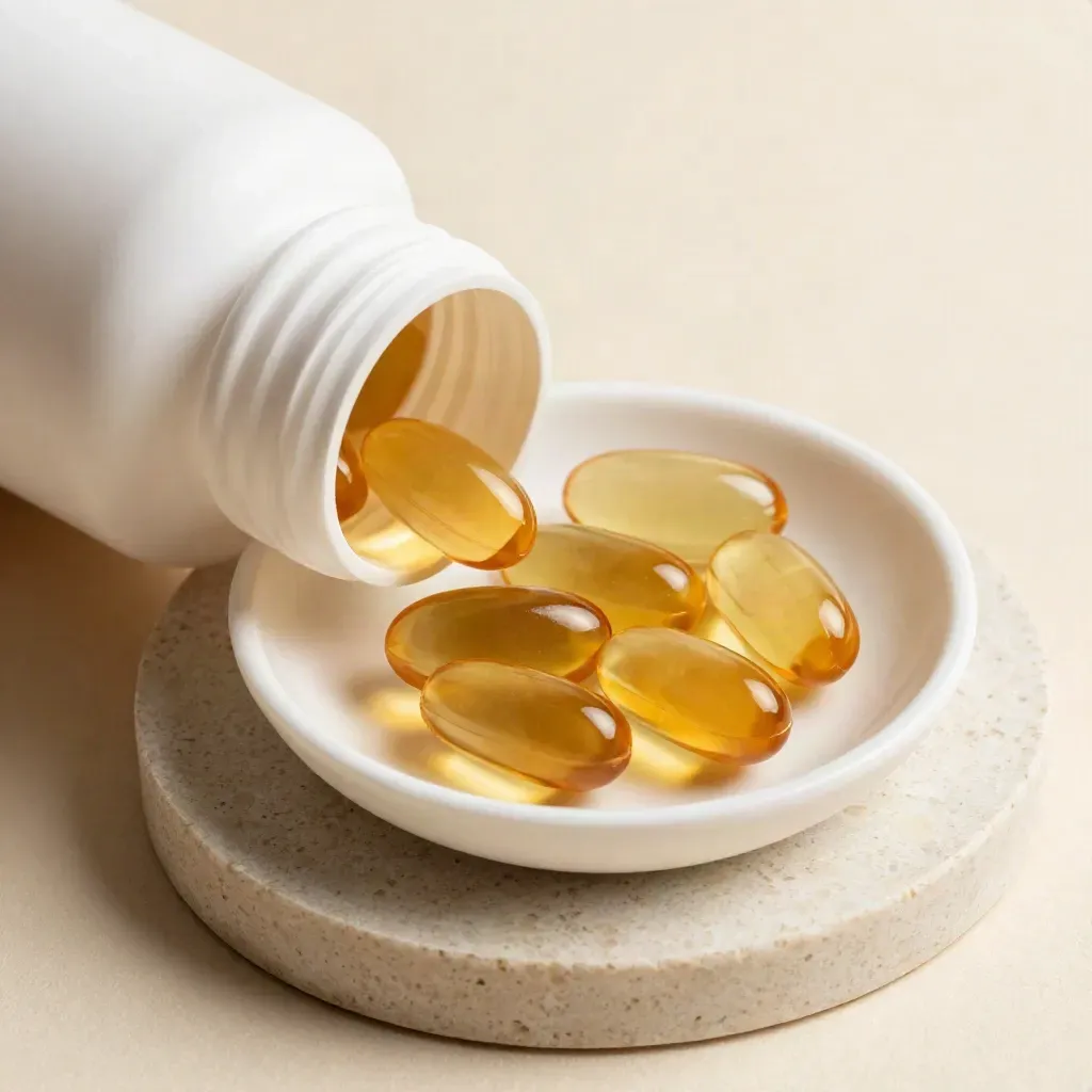 Amber CBD softgels beside an unbranded bottle on cream stone, top-down close-up
