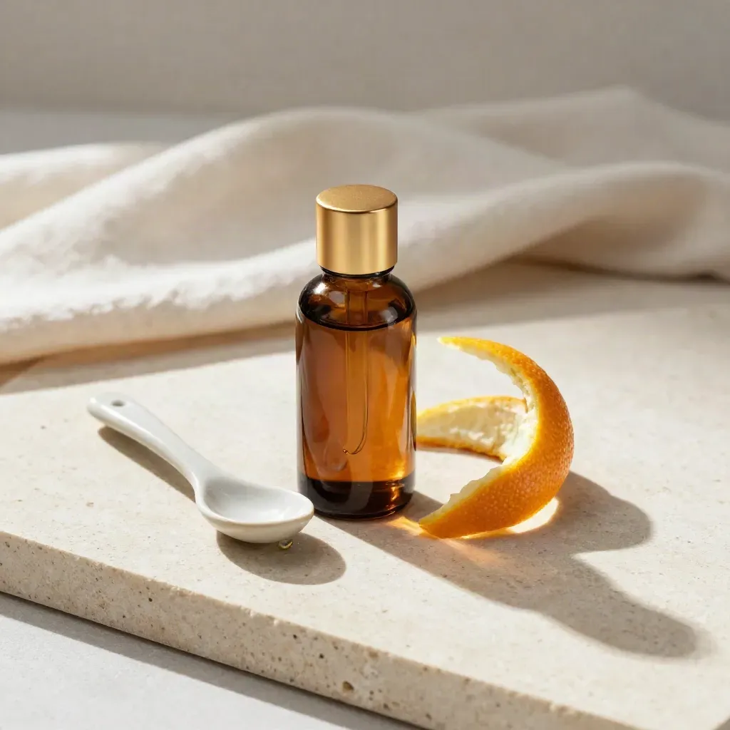 Amber citrus tincture bottle, peel curl, ceramic spoon, linen fold on pale stone, droplet suspended