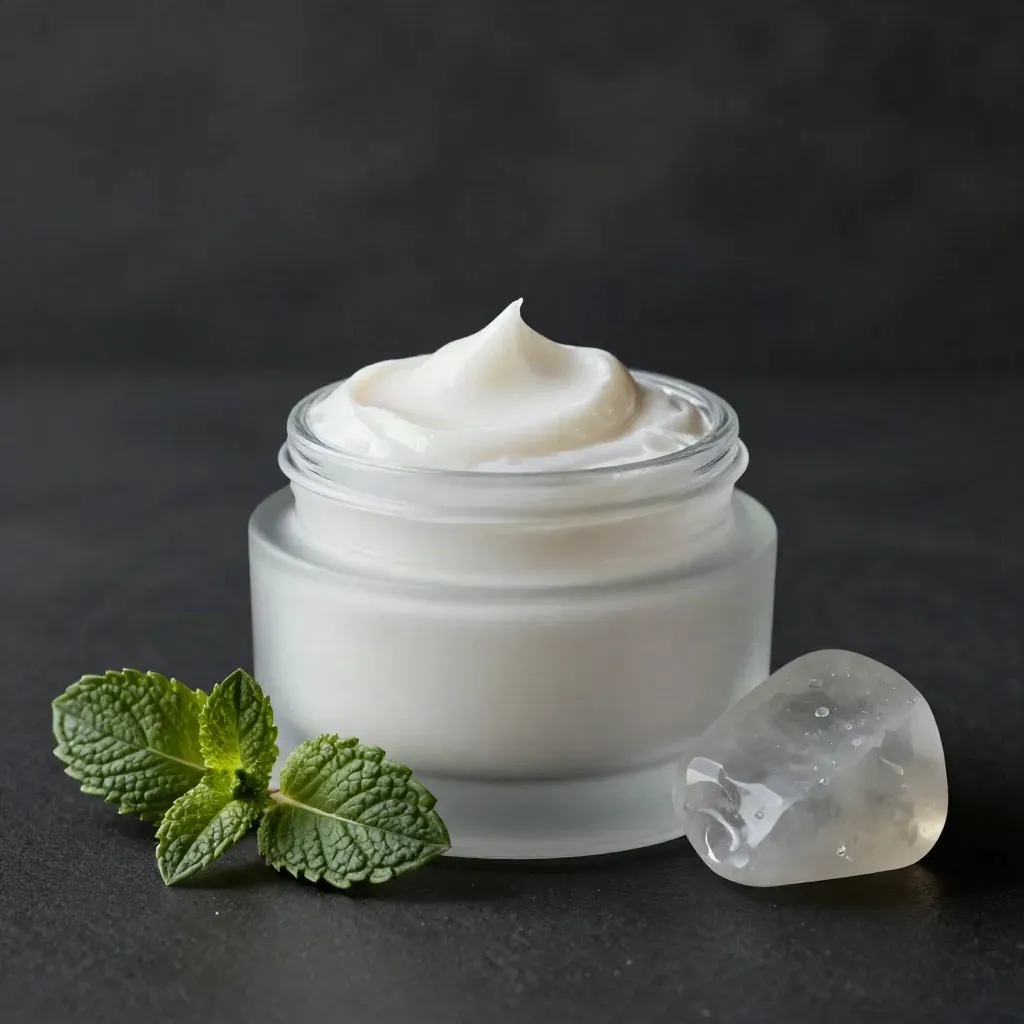 Unbranded cooling cream jar with cream swirl, mint leaf, frosted marble, and cool vapor