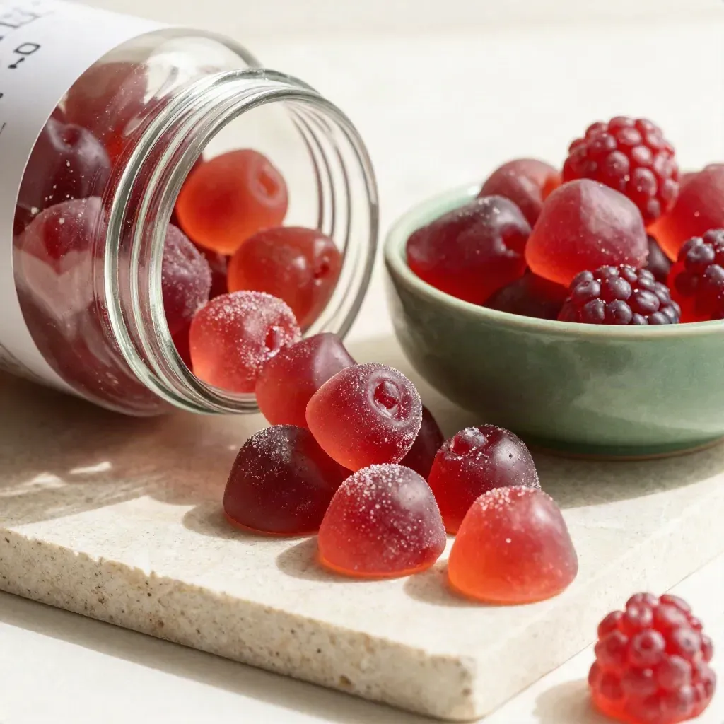 Glass berry gummies jar with gummies arcing into a green bowl on brushed stone