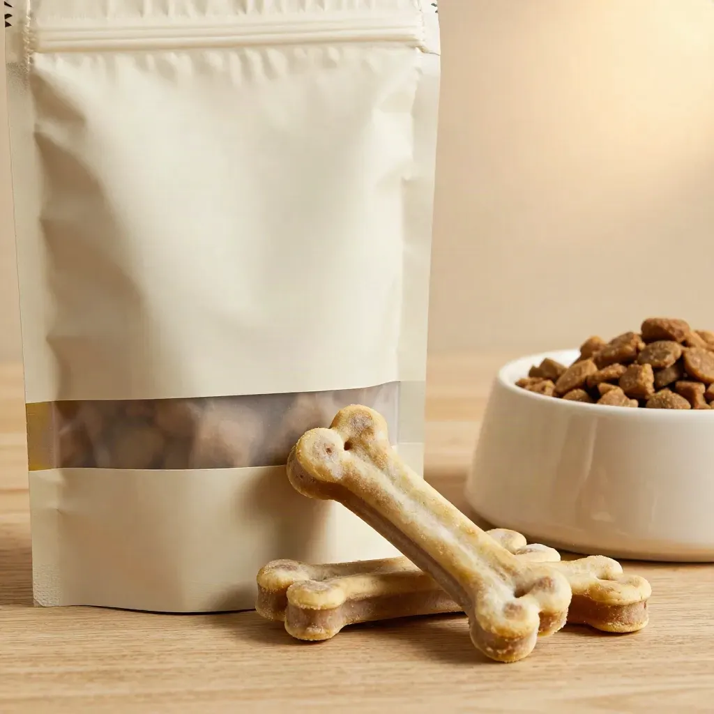 Matte pet chews pouch, bone treats, cream bowl, and warm oak grain in close-up