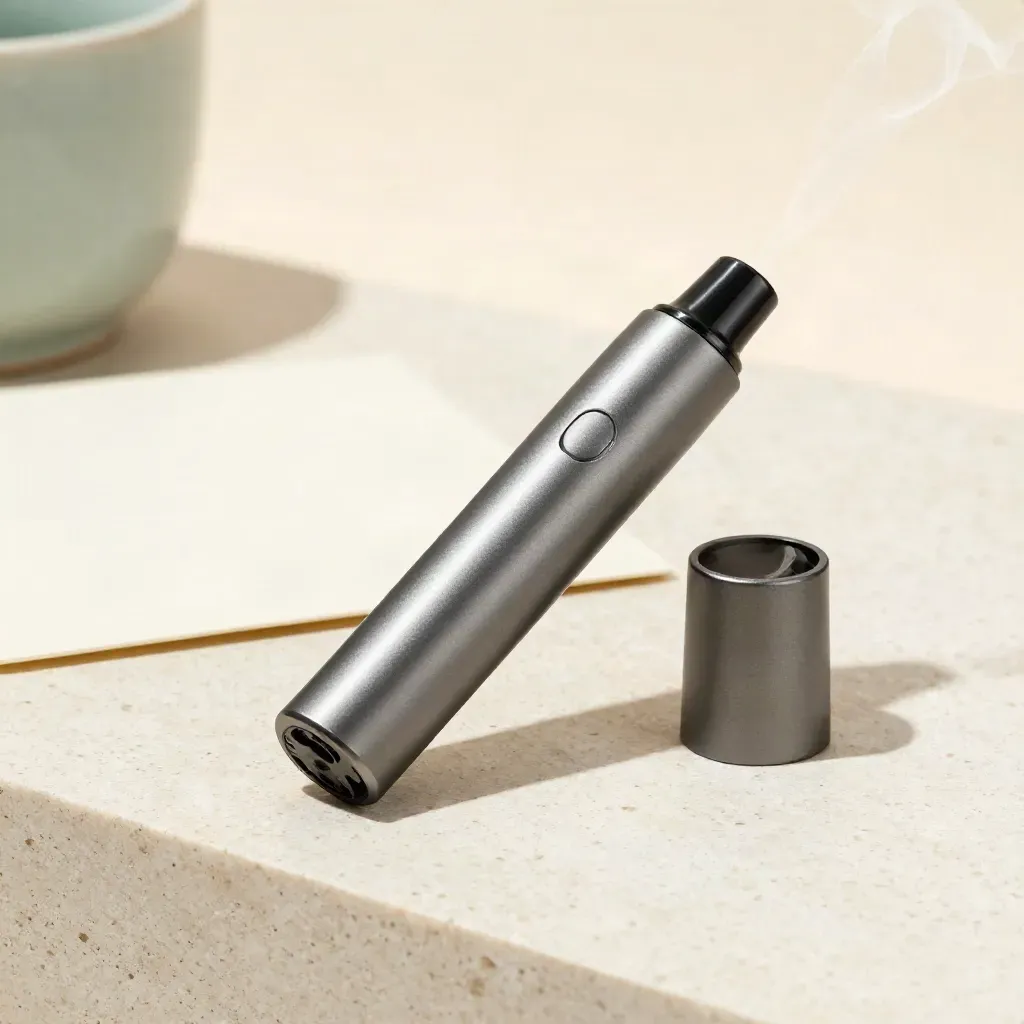 Matte CBD vape pen with cap and soft vapor on travertine, bright airy studio lighting.