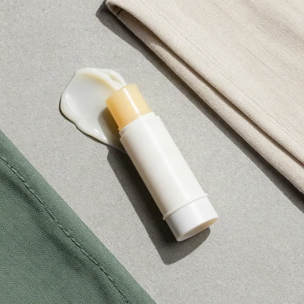 Overhead balm stick with cap aside, cream swipe, and folded linen on concrete