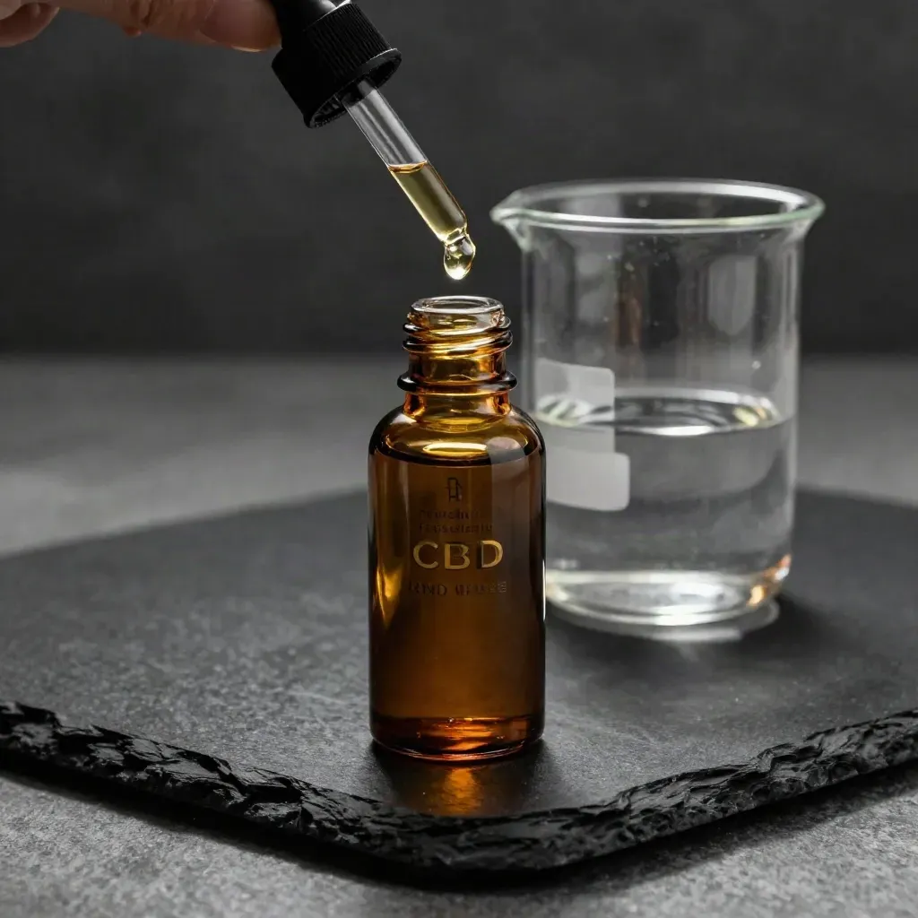 Amber CBD tincture bottle, beaker, coaster, and suspended droplet on matte-black slate.