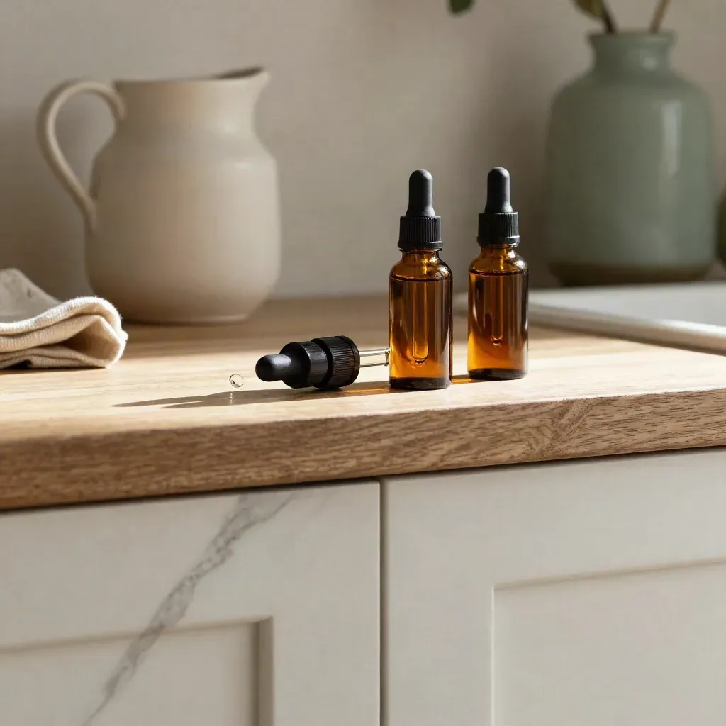 Amber CBD oil bottles on a sunlit oak ledge with marble, linen, and a ceramic pitcher.