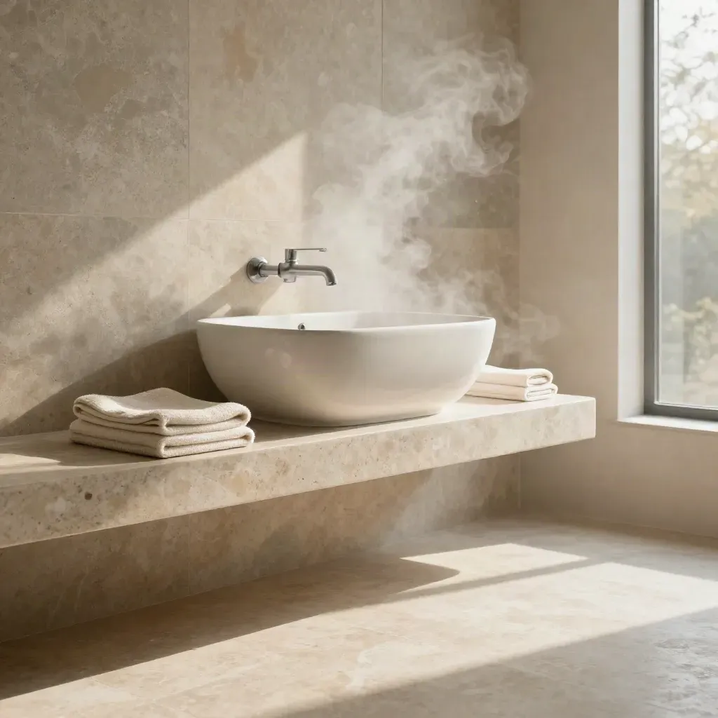 Steam-lit stone bathroom with travertine shelf, folded towels and ceramic basin.
