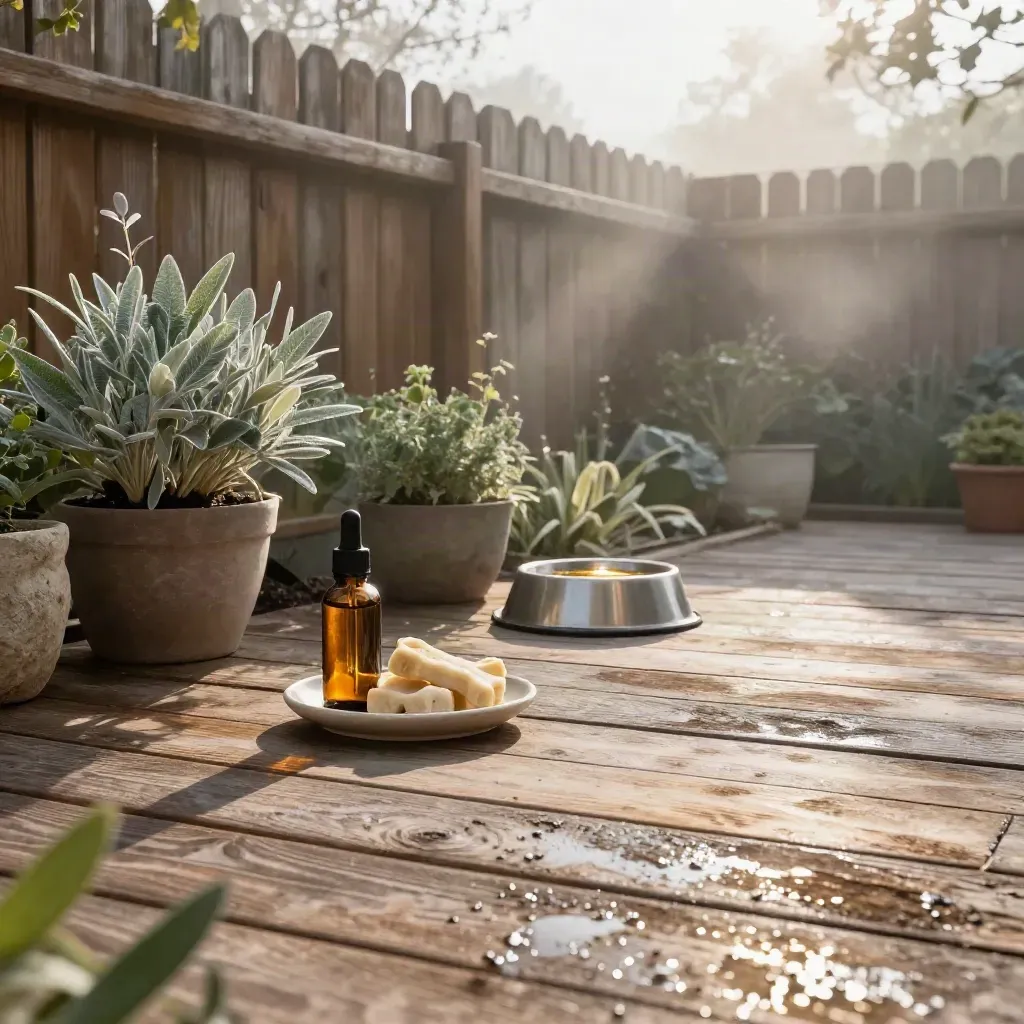 Garden terrace with pet CBD items, herb planters, water bowl, and cedar fence in morning mist.