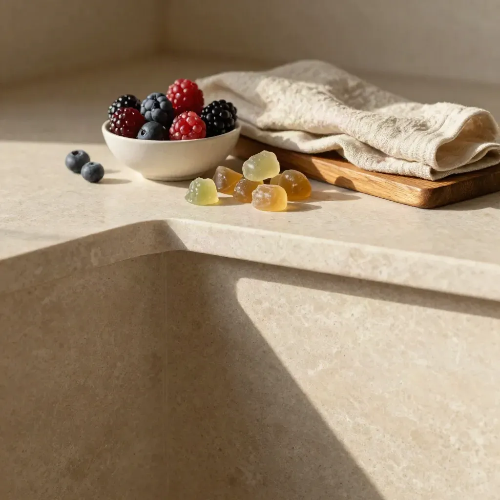 Pale limestone nook with berry bowl, linen napkin and warm wood in soft late-afternoon light.